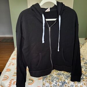Urban Rebel Black Zip-Up Hoodie with White Drawstrings